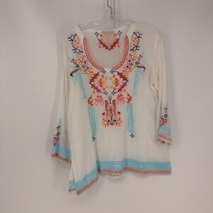 Sincerely Mary Blouse Womens Large White Embroidered Boho Peasant Top V-Neck